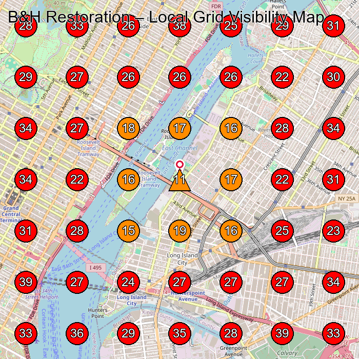 B&H Restoration GeoGrid visibility map for Roofing Contractor in Long Island City